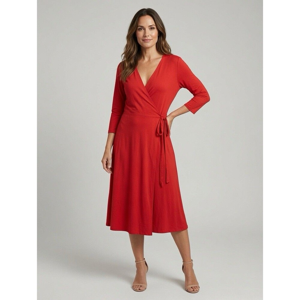 Eileen Fisher Coral Cotton Wrap Dress 3/4 Length Sleeve Quiet Luxury,  Size Lrge